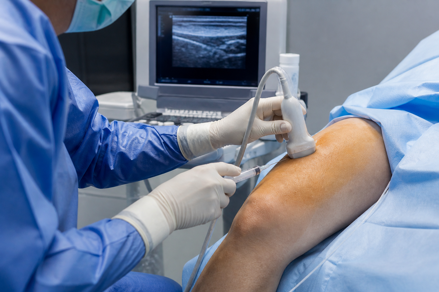 Praticien appliquant un anesthésique locorégional sur la jambe d'un patient.